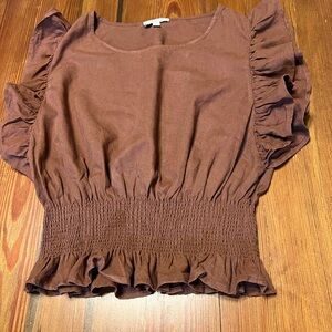 Cupcakes And Cashmere Size L Linen Ruffle Flutter Sleeve Top Smocked Waist Brown